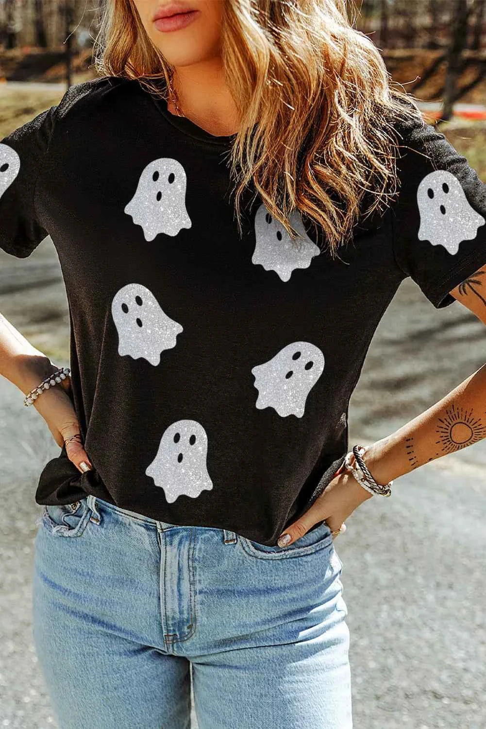 Glitter Ghost Round Neck Short Sleeve T-Shirt 59073f67-38ba-4797-845c-367c26d0f758-Max
