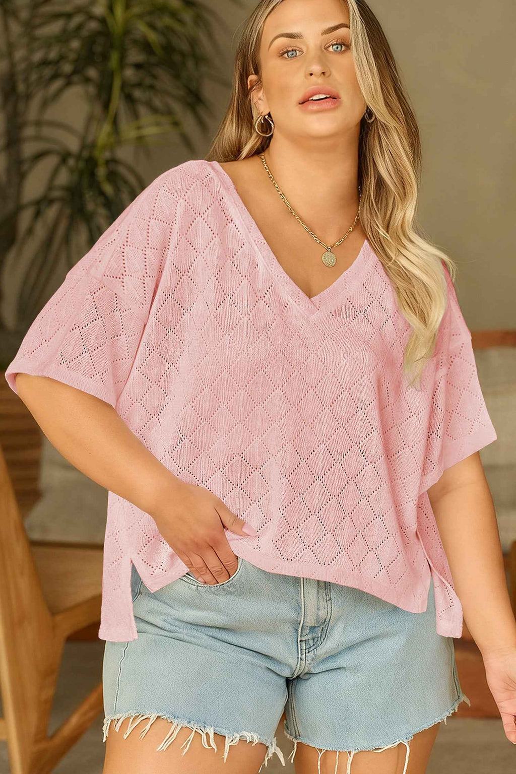 Light Pink Pointelle Rhombus Knit Plus Size V Neck Loose Top 590ead3d1d93cd2d
