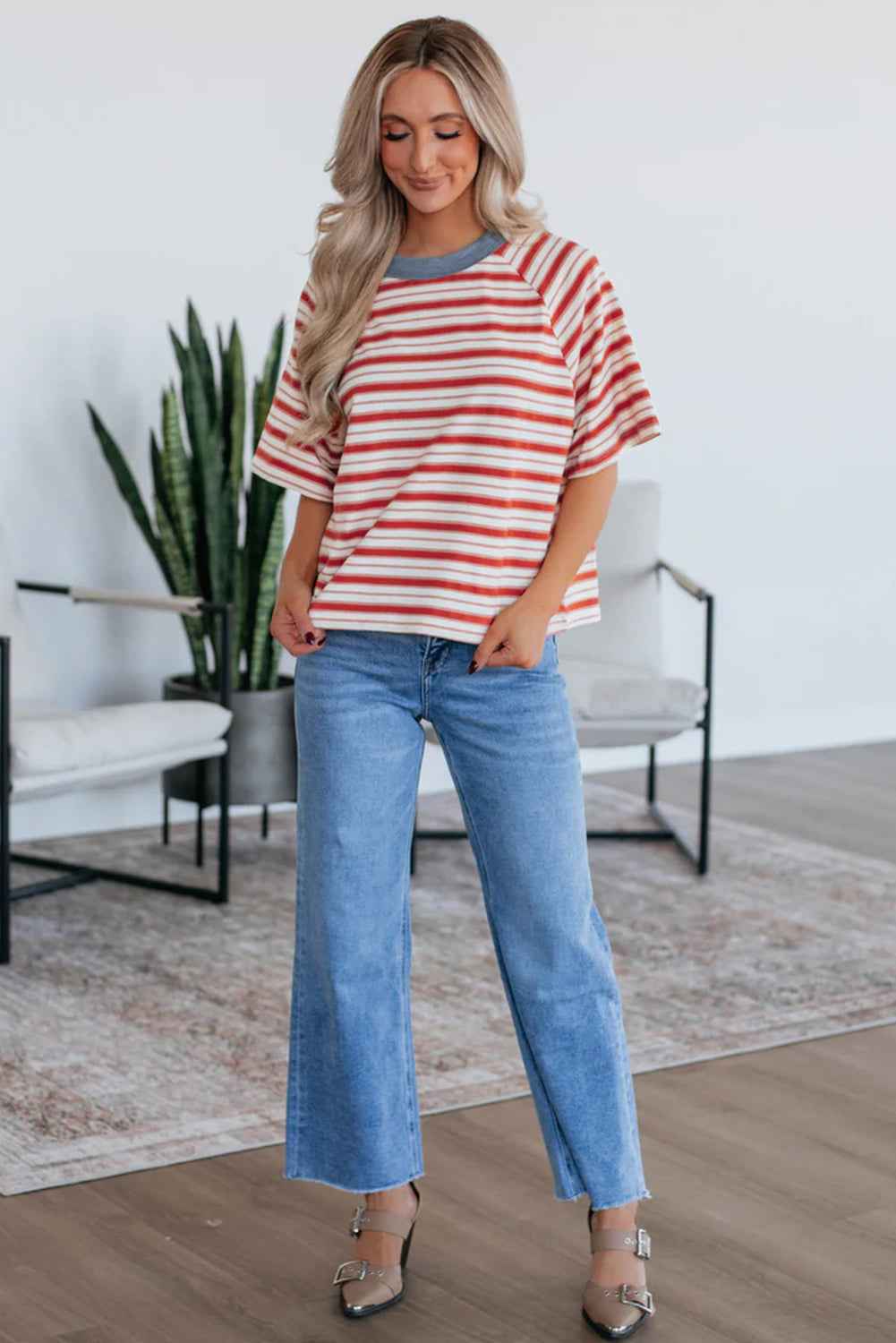 Tomato Red Striped Raglan Sleeve Contrast Neck T-Shirt 590fb4f30709e997