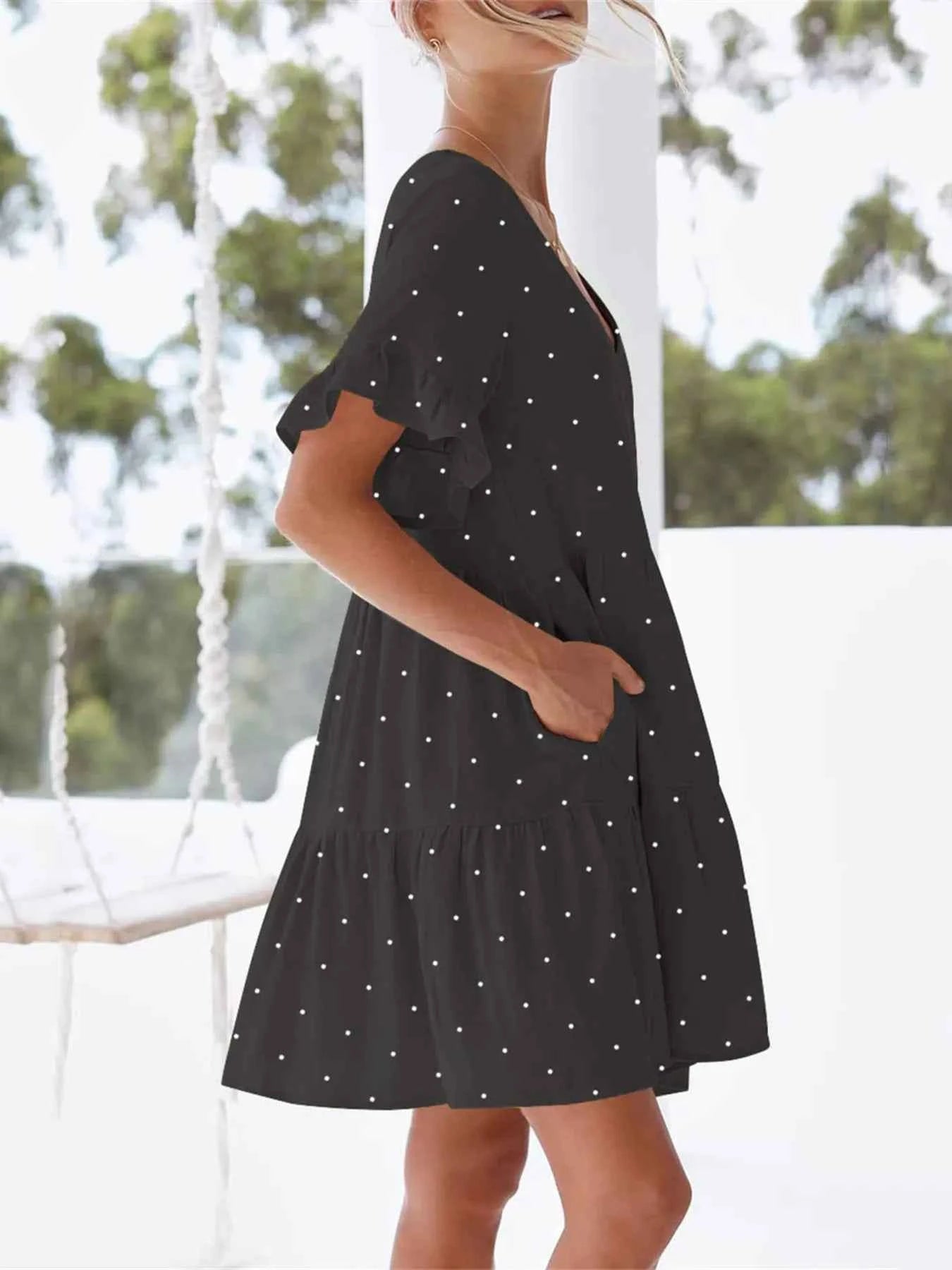 Polka Dot V-Neck Short Sleeve Mini Dress 5914dc59b23441d6a20bdc9136f3dc43-Max-Origin
