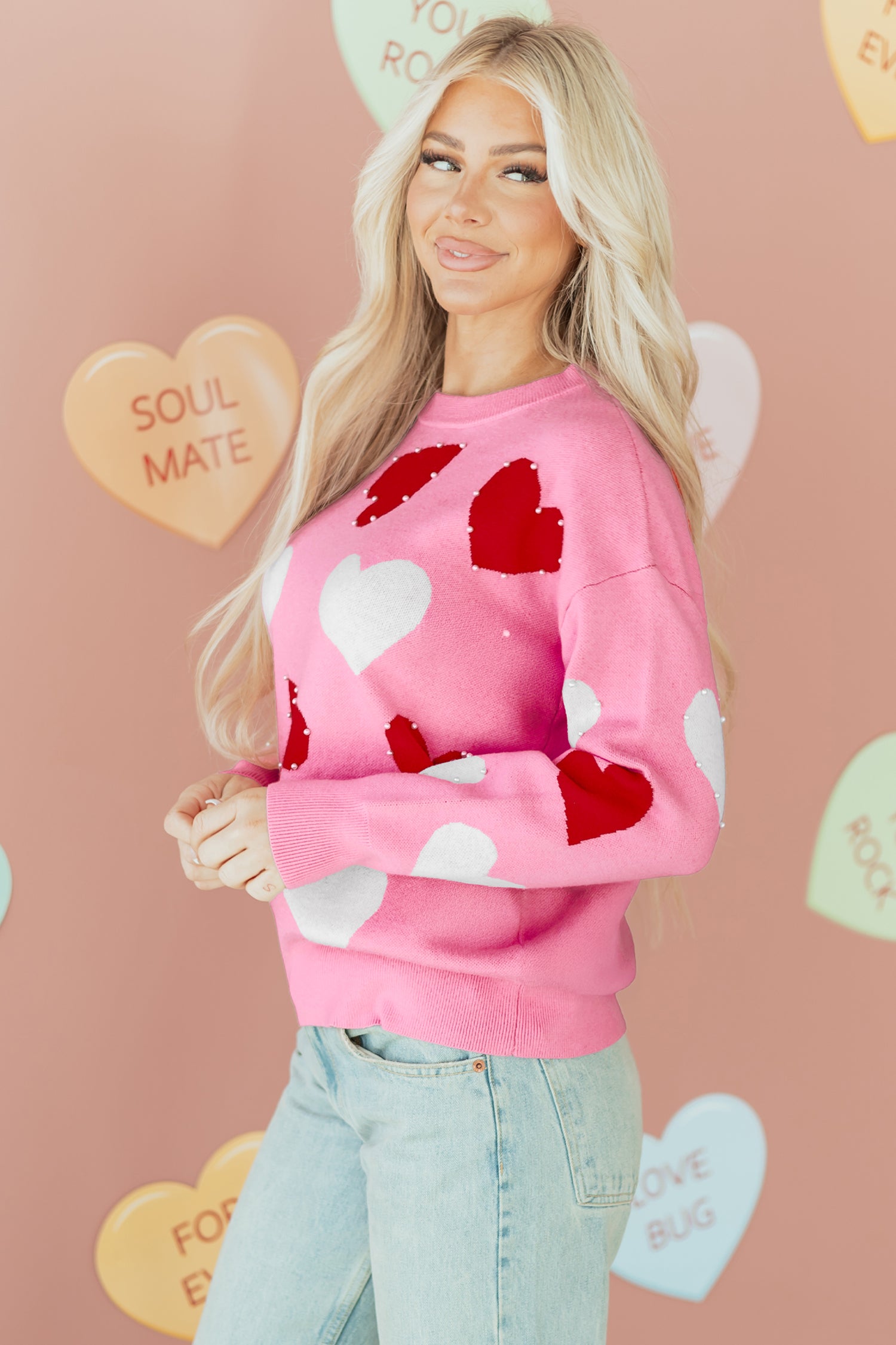 Pink Pearl Embellished Heart Pattern Valentines Day Sweater 591696ff95db03ce