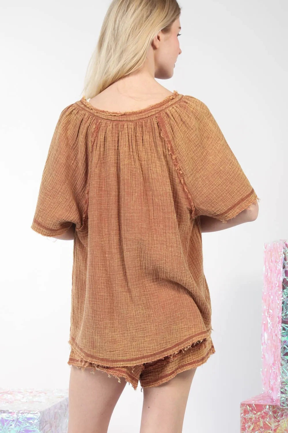 VERY J Washed Cotton Crinkle Gauze Top and Shorts Set 59183ae1-6142-4a45-81be-ebbfd6fd0e60-Max