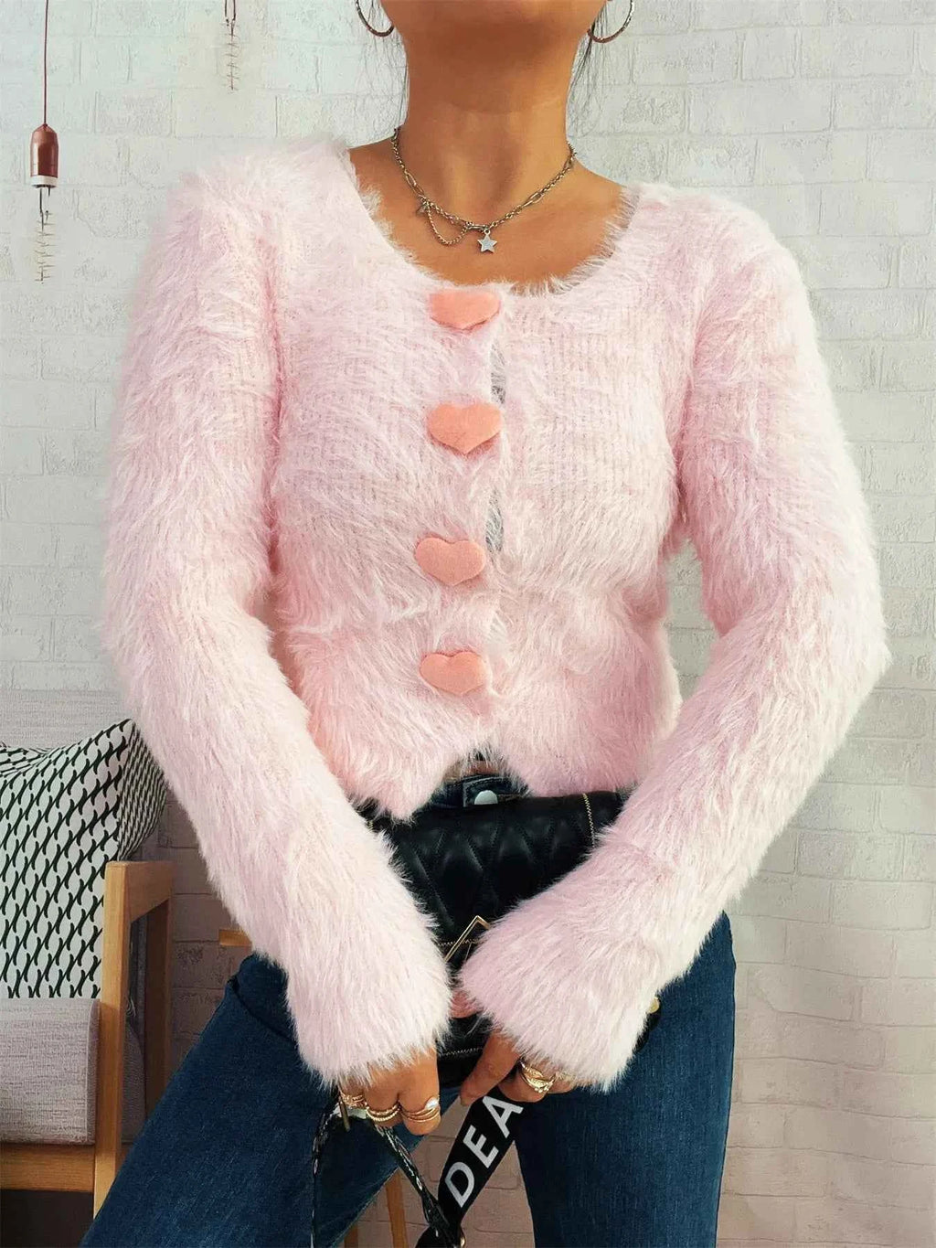 Fuzzy Heart Shape Button-Up Cardigan 591893d372044ae3b62915efd18e7785-Max-Origin