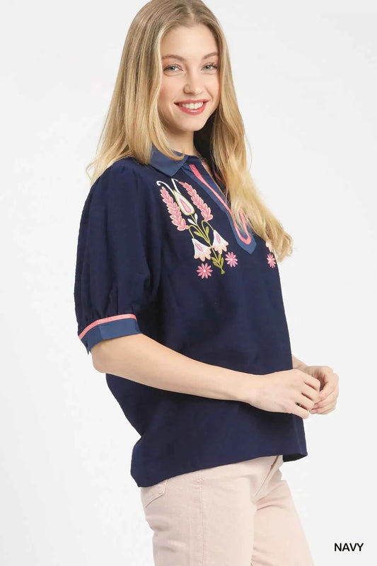 Embroidered Puff Sleeve Contrast Trim Top 591a967d-6a4c-4f0d-a67a-ab6ae2e45de5-Max-Origin