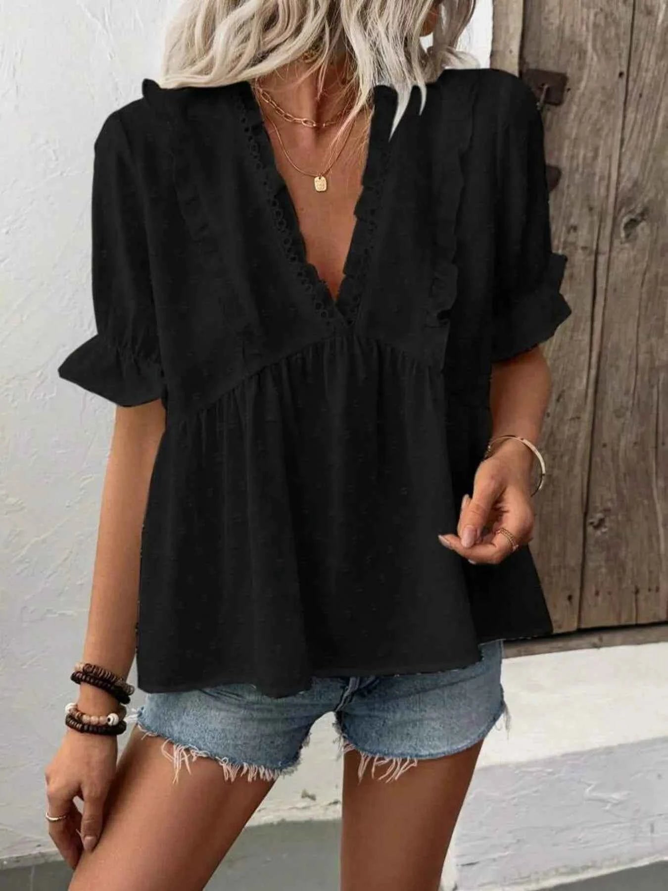 Swiss Dot Ruffled V-Neck Blouse with Flounce Sleeves