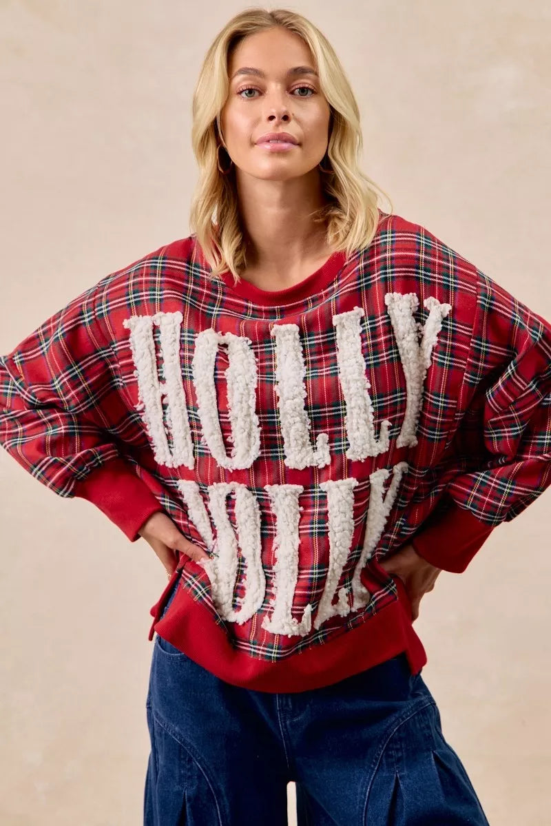 BiBi Holly Jolly Christmas Plaid Oversized Sweatshirt 59258fb4162a4da484d4a78c98b06d0f-Max-Origin
