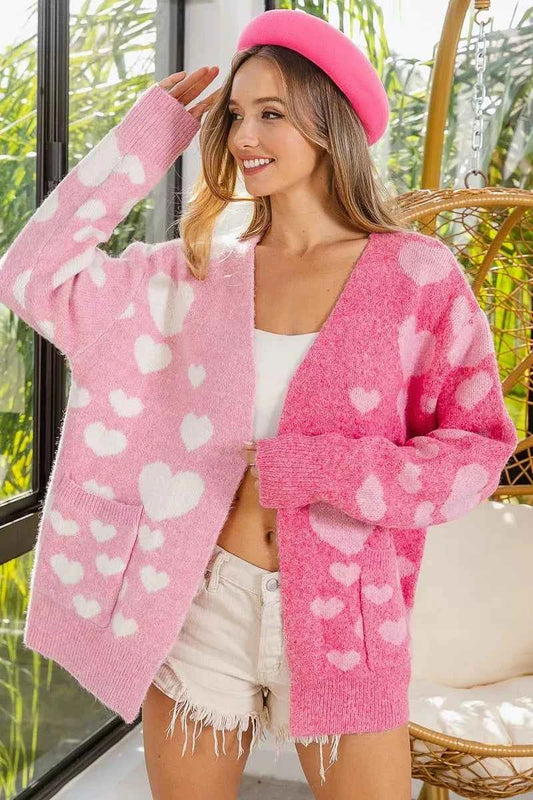 BiBi Heart Color Block V-Beck Knit Cardigan with Pockets 592add6bc3924f21891222b1e73fb6a5-Max-Origin