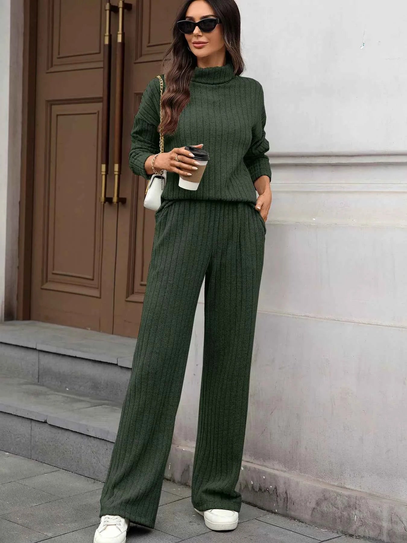 Ribbed Turtleneck Dropped Shoulder Top and Pants Sweater Set 592b12e1ffed4477ae457cb409f5614a-Max-Origin