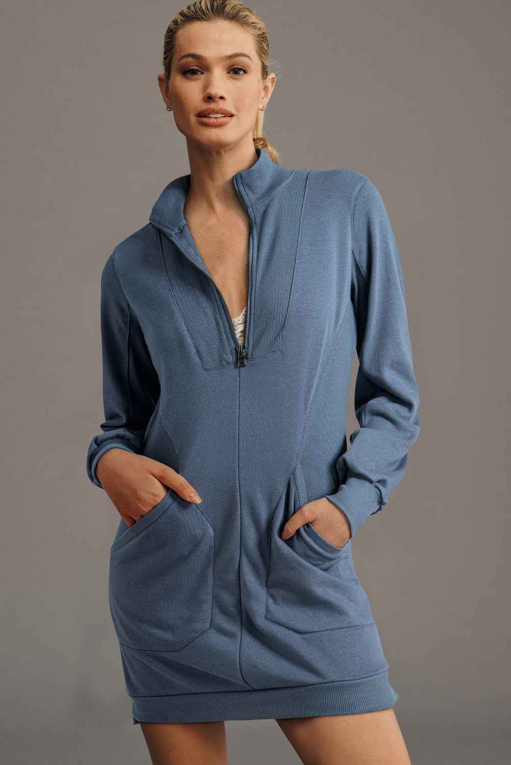 Ivy Zip up Collared Ribbed Patchwork Sweatshirt Dress with Pockets 59363ef6478adf4c