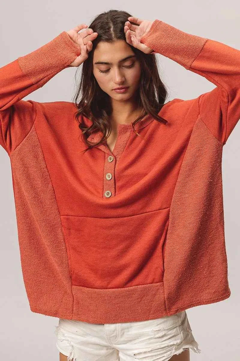 French Terry Knit Side Block Buttoned Henley Top 5937a7e27e0a4be7891c2caeaacc4c88-Max-Origin