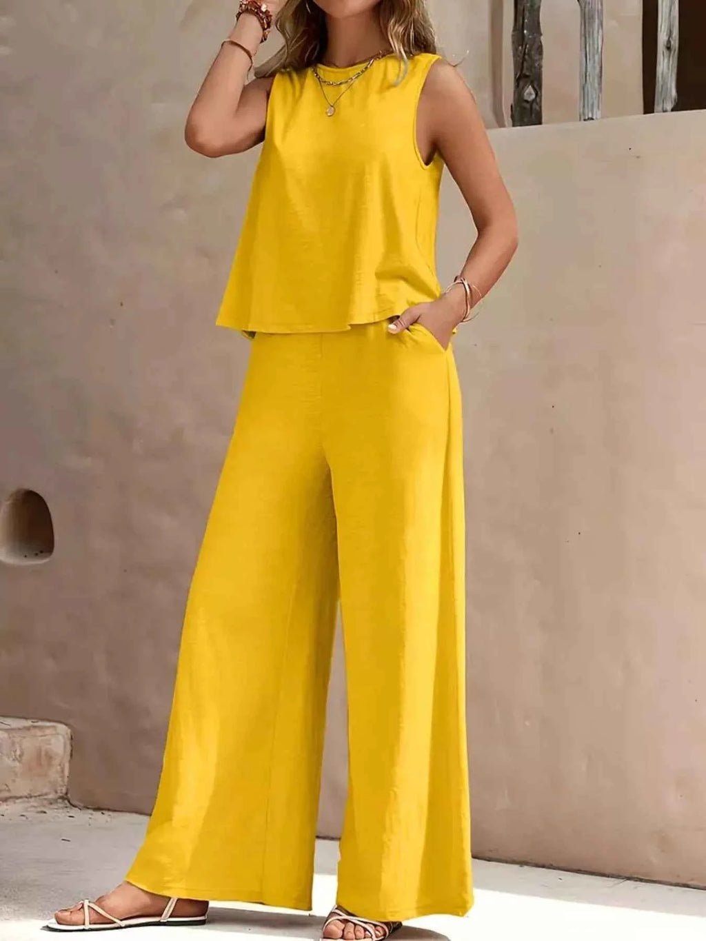 Sleeveless Top and Wide Leg Pants Set Yellow 5937db1c-a7a7-4047-a44d-0388ad1c42ef-Max-Origin