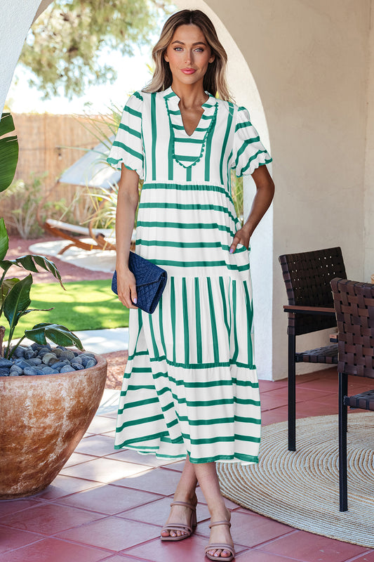 Green Stripe Ricrac Trim Notched Neck Half Sleeve Vacation Dress 5938819e4909e5d6