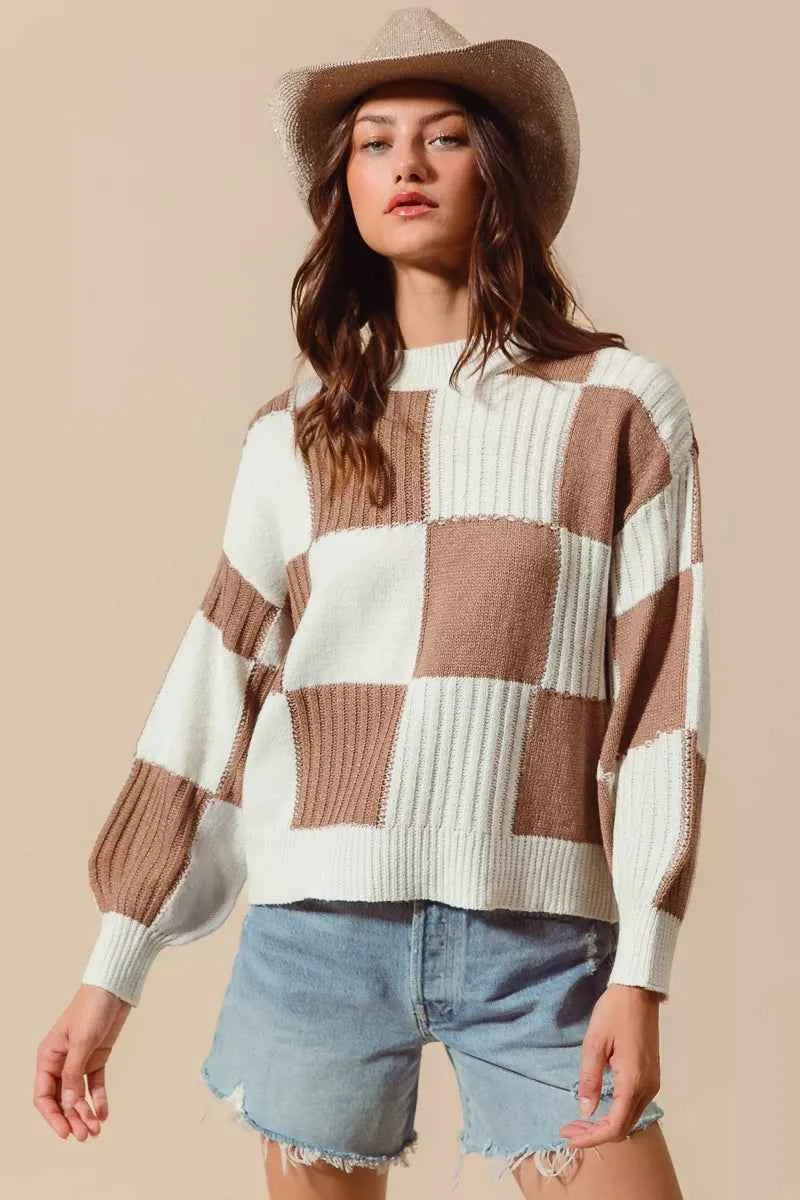 SO ME Ribbed Color Block Checkered Plaid Sweater 593e98ebaab94e00a608094c22fad631-Max-Origin