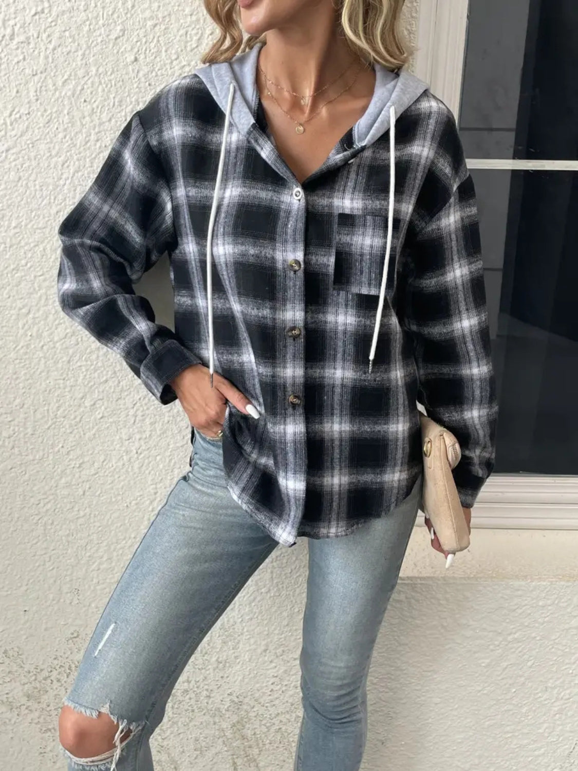 Plaid Drawstring Button Up Hooded Jacket Black 593ef8b8dbdf45aab6a51a199957ee1a-Max