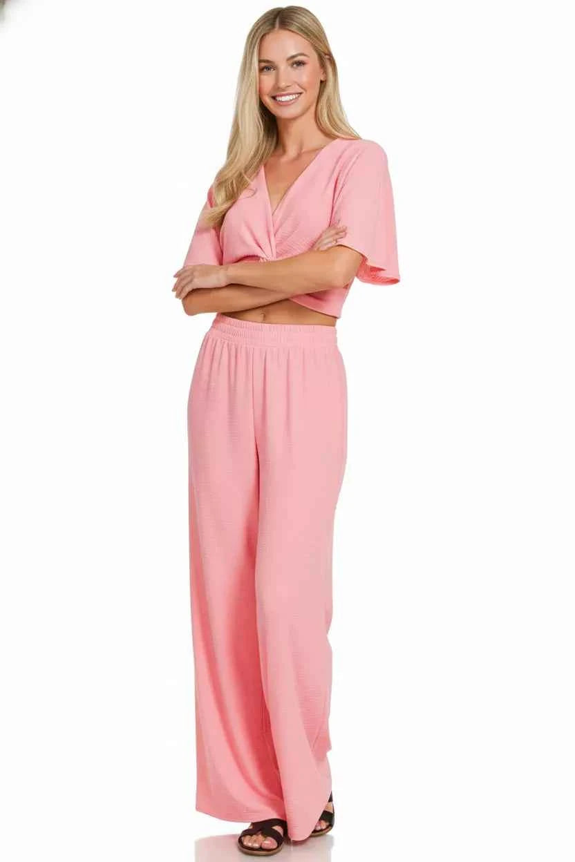 Zenana Woven Airflow Twisted Top & Wide Leg Pants Set 59413370-1c45-48d1-b0b2-1cb018a86d09-Max-Origin