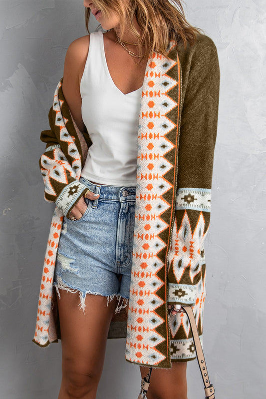 Brown Aztec Print Open Front Knitted Cardigan 59470041c95a121e