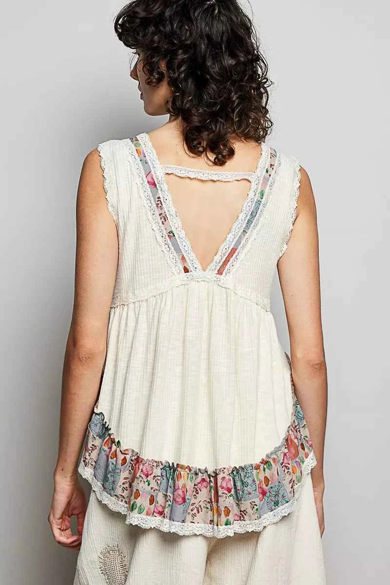 POL Lace Detail Ruffled Ribbed Sleeveless Top with Floral Pattern Trim Detail 594c4fd3-31b1-4725-a077-3c0b7a1fd5c0-Max-Origin