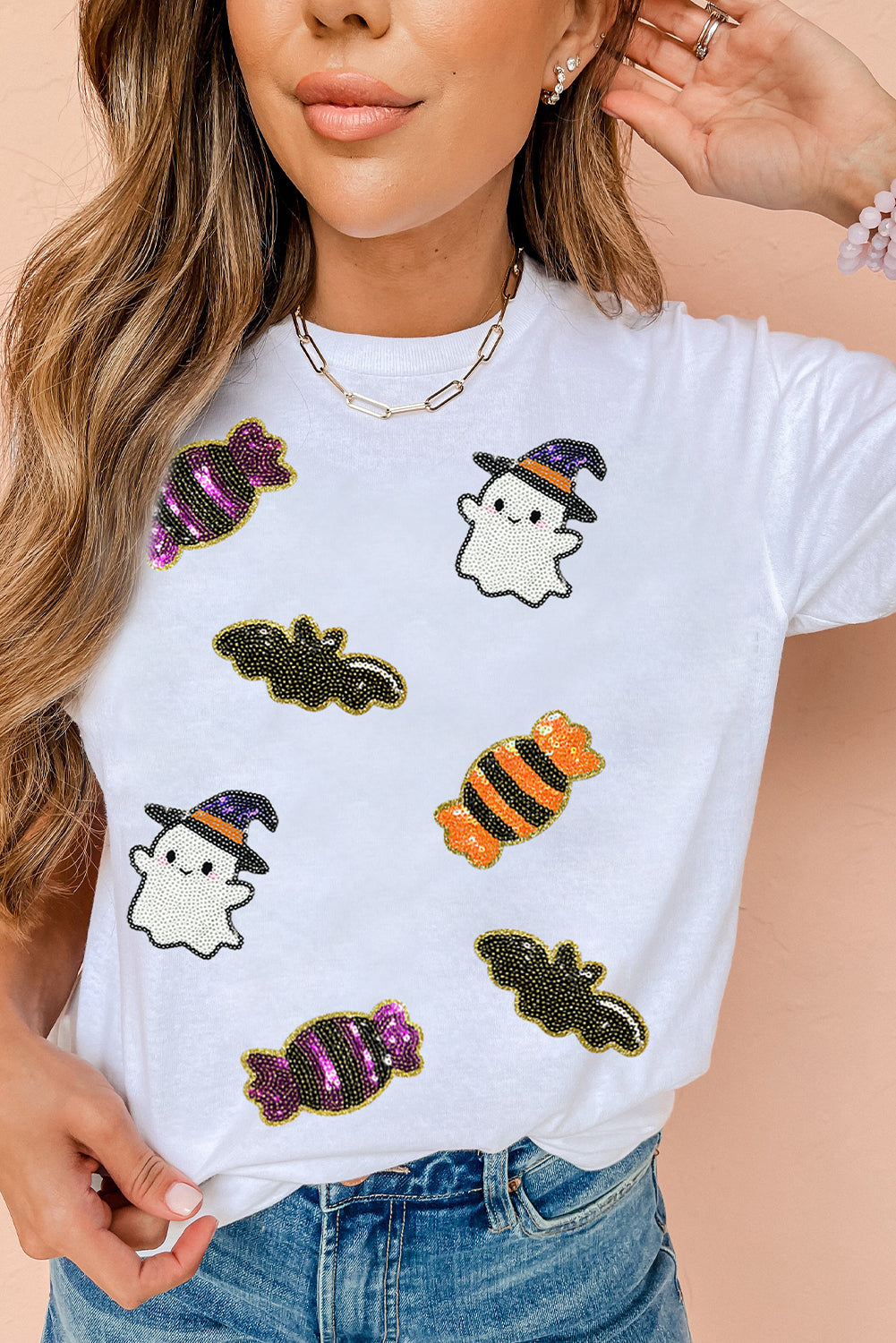 Black Halloween Spirit Pattern Sequins Patch Custom Casual Tee 594ff2e35dff1abd