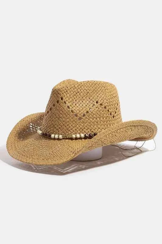 Fame Mixed Beaded Strap Western Fedora Straw Hat Khaki One Size 59521b5b-c5e3-4da9-9b06-ac2cf626c977-Max-Origin