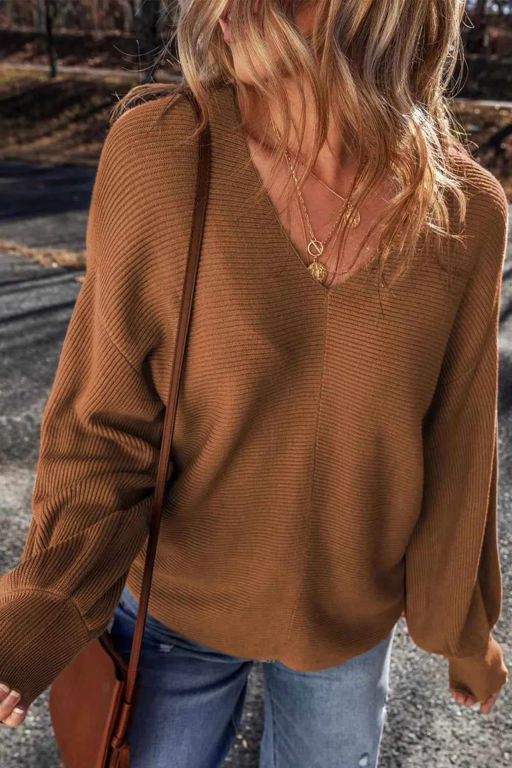 V-Neck Dropped Shoulder Long Sleeve Sweater 5955af30-04ad-467a-bebb-cef6ee586d9f-Max