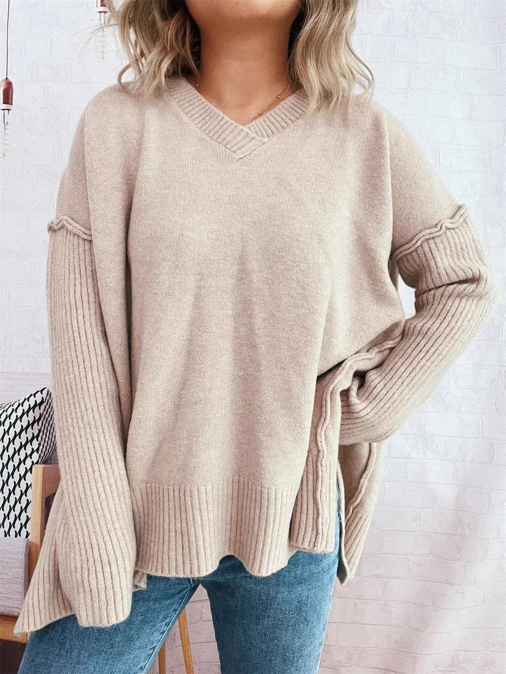 V-Neck Dropped Shoulder Sweater 5956f8e44a9641409719d625a71523ae-Max-Origin