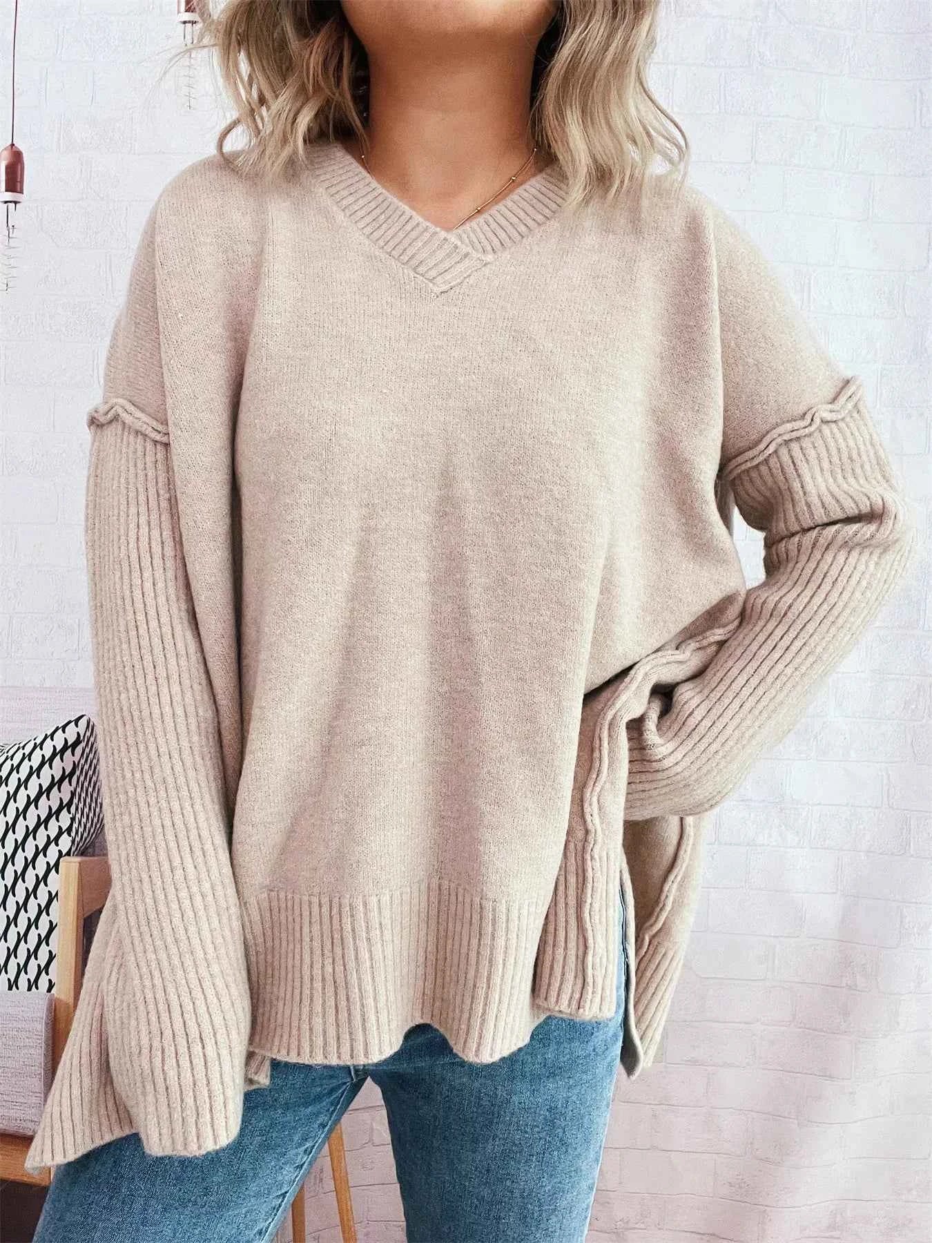 V-Neck Dropped Shoulder Sweater 5956f8e44a9641409719d625a71523ae-Max-Origin