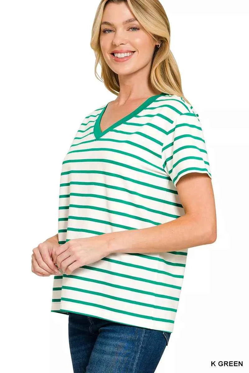 Zenana Striped V-Neck Short Sleeve T-Shirt 5957f1892ba242c58763782159cfdc68-Max-Origin