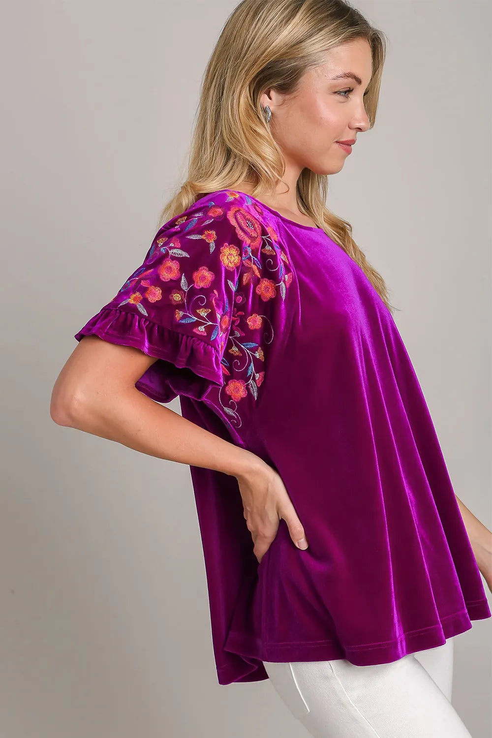 Umgee Full Size Velvet Embroidery Short Sleeve Blouse 595add97-889c-418e-a967-94bd1febc5c6-Max