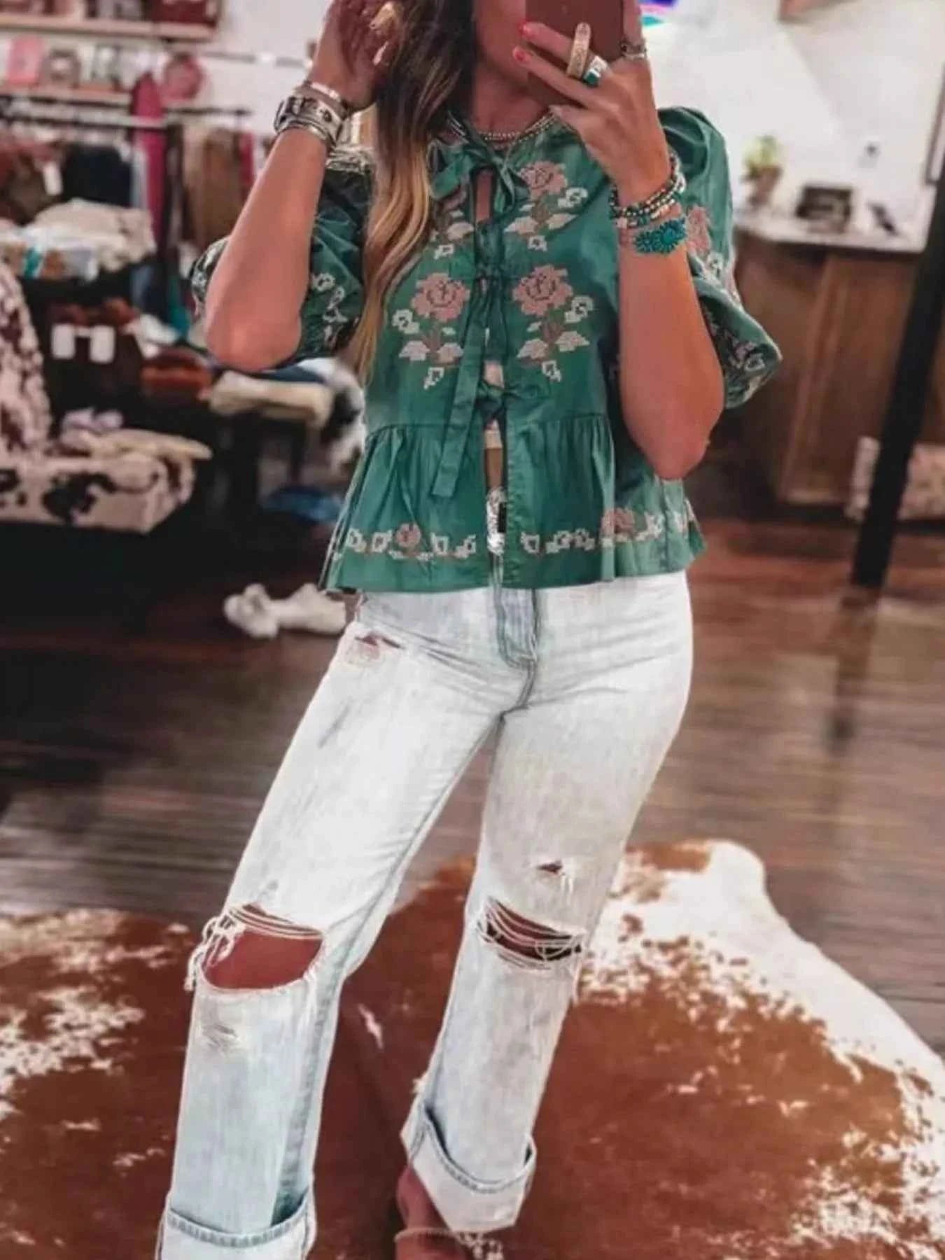 Tie Front Puff Sleeve Blouse 595b0575-b076-446d-b2f7-9af8e45b55ac-Max-Origin