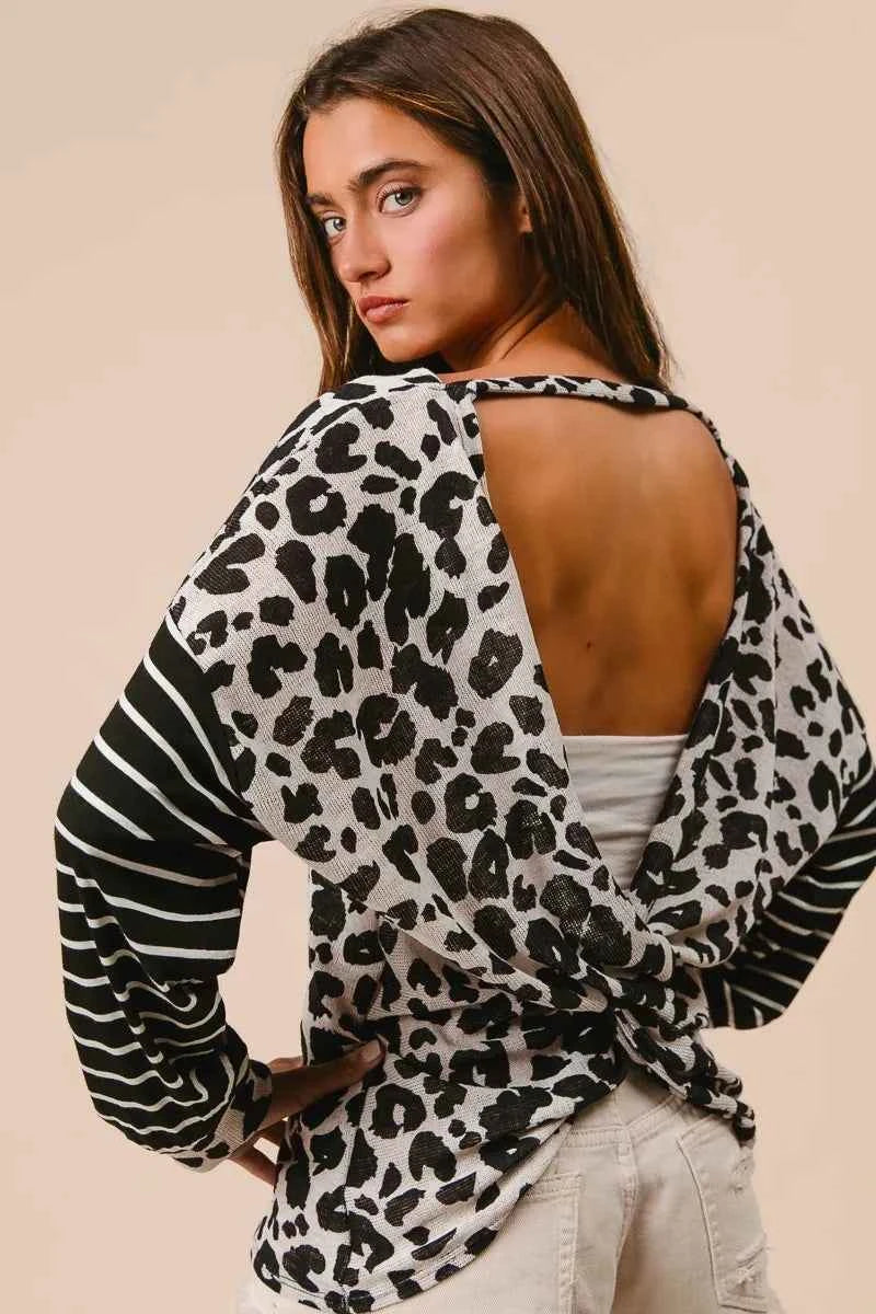 BiBi Leopard Hacci Knit Twist Back Top With Stripe Sleeve 595eb75212f94a5daf4d366e780a1872-Max-Origin