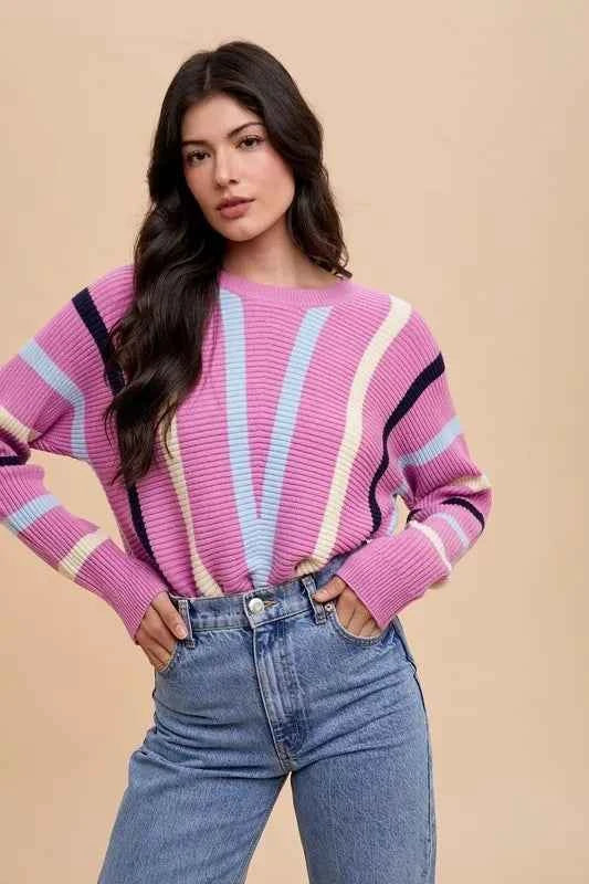 Annie Wear Chevron Stripe Round Neck Ribbed Sweater Orchid 59601496-7727-44e4-9fd9-1528c16cab36-Max