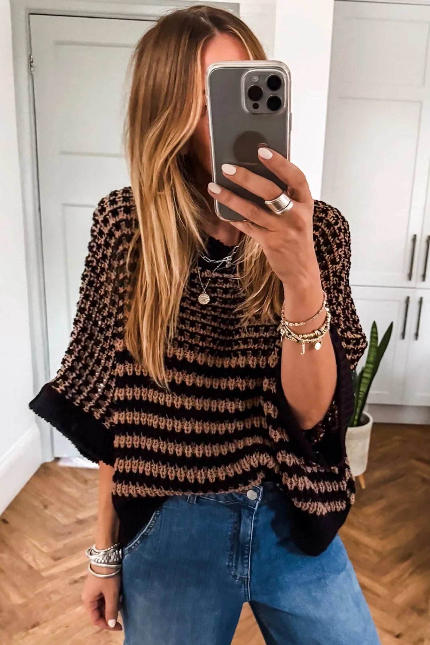 Black Stripe 3/4 Draped Sleeve Slouchy Sweater 596556e8e2790e00