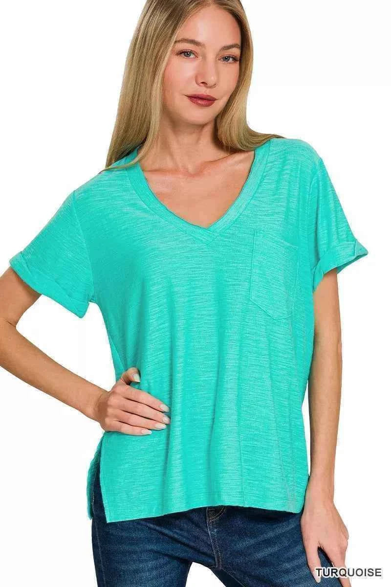 Zenana Slub Rolled Short Sleeve V-Neck Tee TURQUOISE 59668fd1028248238a2d393261974032-Max-Origin