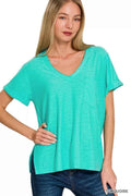 Zenana Slub Rolled Short Sleeve V-Neck Tee TURQUOISE 59668fd1028248238a2d393261974032-Max-Origin