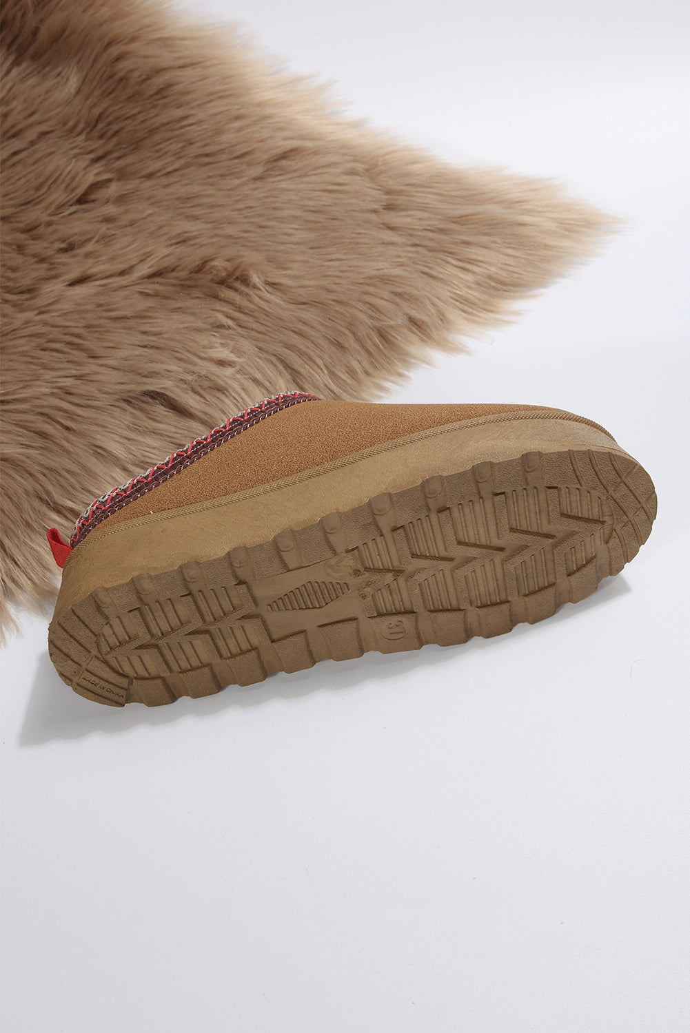Chestnut Suede Contrast Print Round Toe Plush Lined Flats 5968181e35e57768