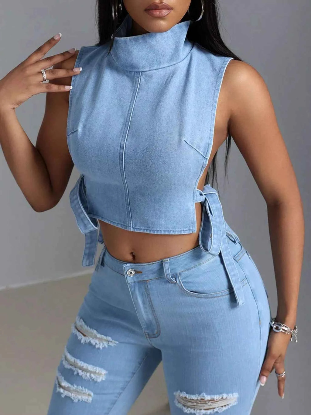 Sleeveless Cropped Denim Turtleneck Top with Side Tie Details