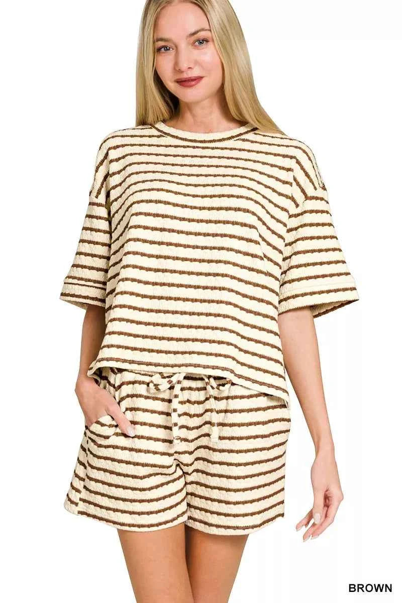 Zenana Striped Short Sleeve Tee & Shorts Set BROWN 596d3e8a4fcd44e796c48839828c2fd8-Max-Origin