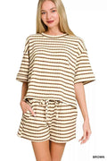 Zenana Striped Short Sleeve Tee & Shorts Set BROWN 596d3e8a4fcd44e796c48839828c2fd8-Max-Origin
