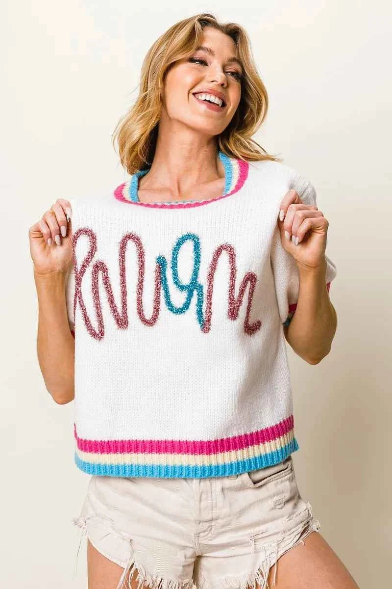 BiBi Metallic Letter Short Puff Sleeve Sweater 596d6ac7c2fe48cbbf73fea33782968a-Max-Origin