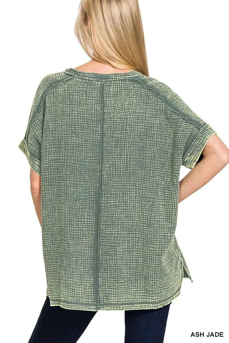 Zenana Acid Washed Double Gauze V-Neck Tee 596f8304a82d47519016763f8facd810-Max-Origin