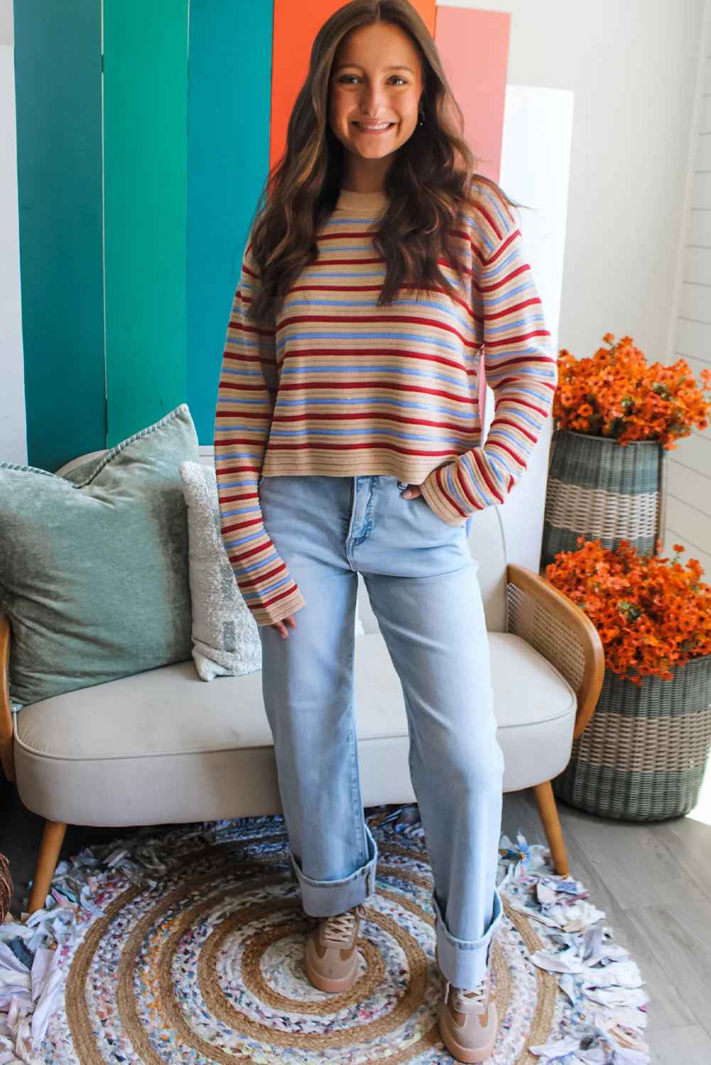 Khaki Stripe Drop Shoulder Cropped Long Sleeve Fall Sweater 597636edfa6c67d5