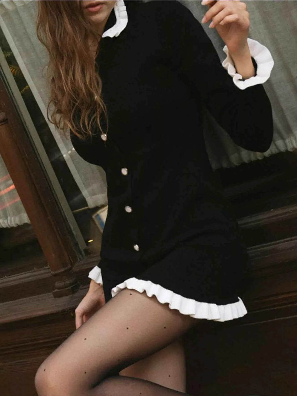 Ruffle Trim Button-Down Sweater Dress 597b422c-bb61-42d2-9ede-536fb46fb200-Max-Origin