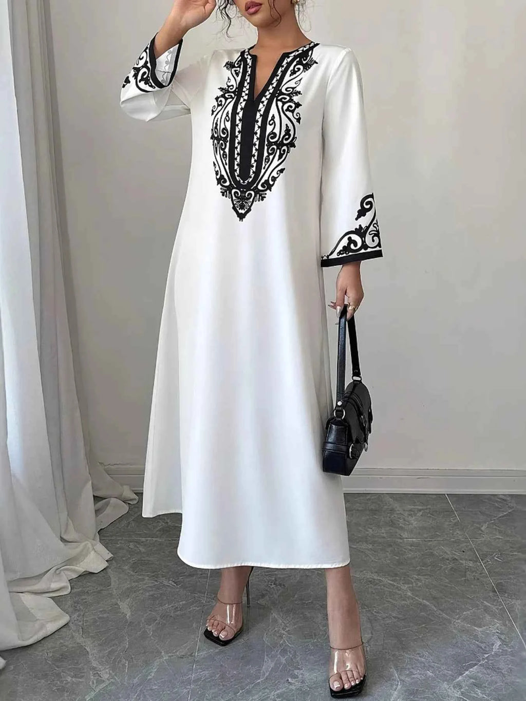 Printed Notched Long Sleeve Midi Dress 597eb309c0e04d55b9196d089885cae4-Max-Origin