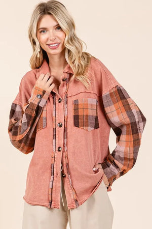 Button Down Contrast Plaid Patchwork Shacket Terracotta 5985665e-1a79-4543-b68e-8a609a5ab7ab-Max