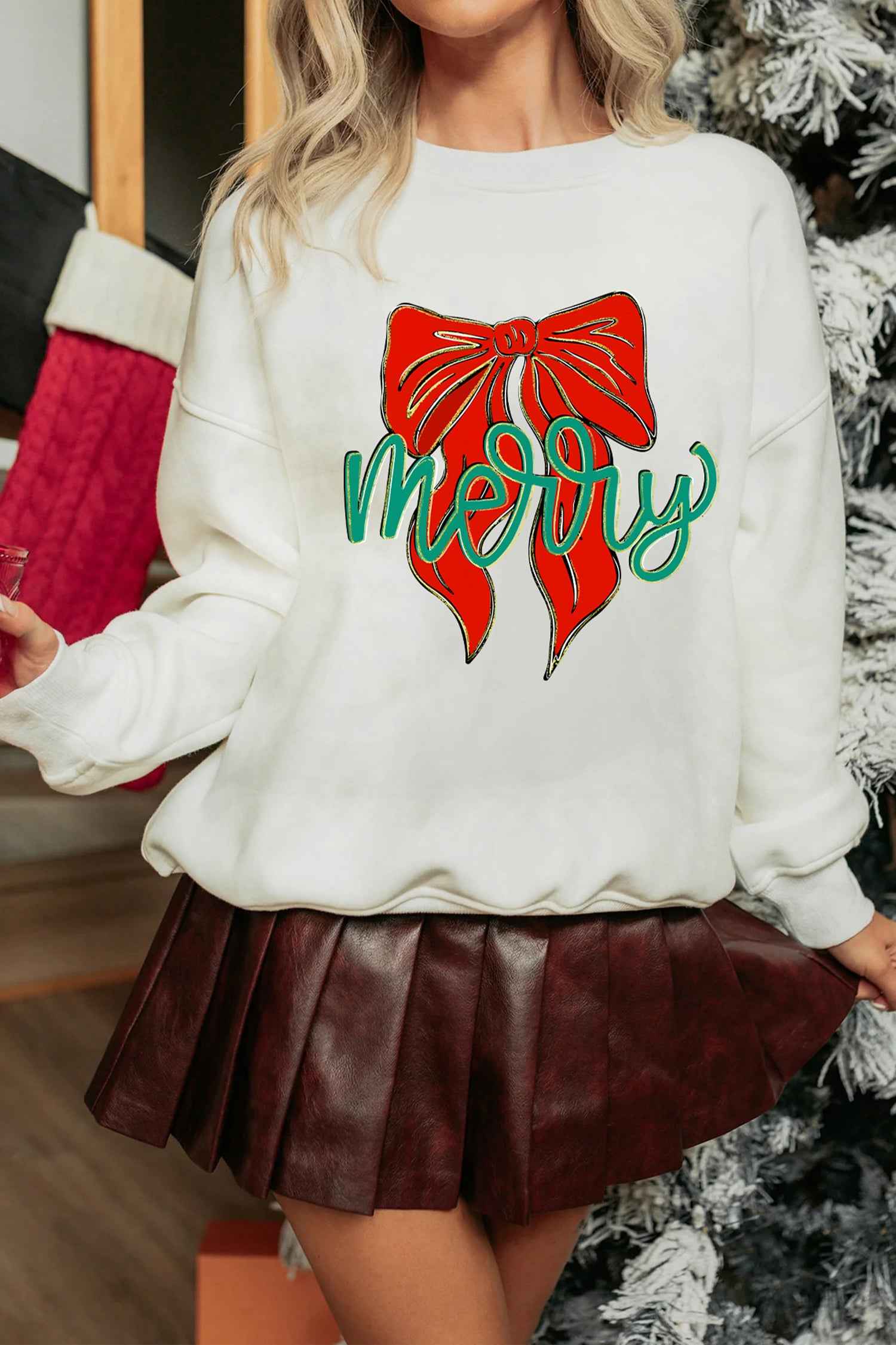 White merry Festive Bow Print Drop Shoulder Loose Pullover Sweatshirt 5988101d254055a4