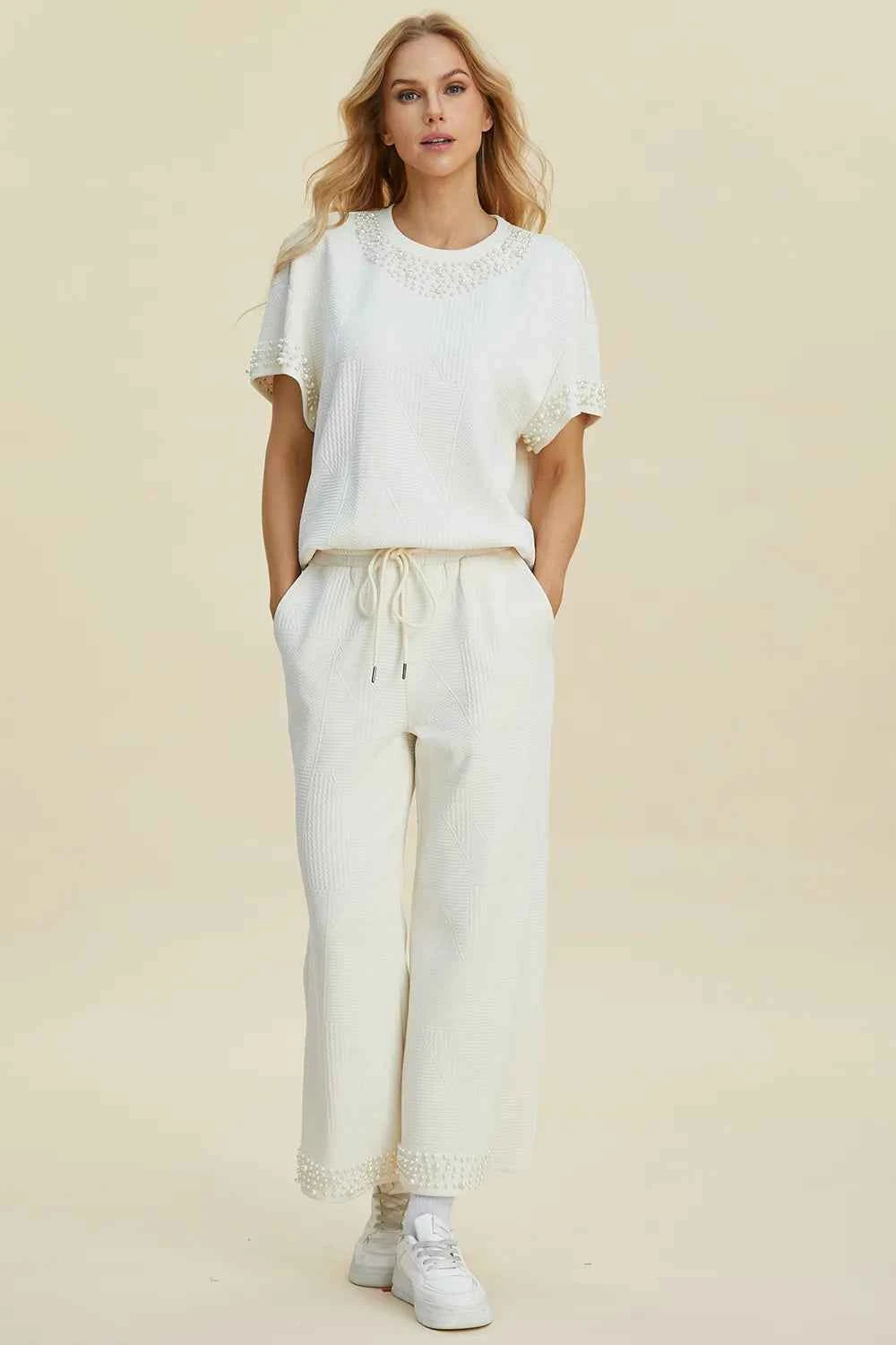 Double Take Full Size Pearl Detail Round Neck Top and Pants Set Cream 5988654b-a77f-4c1c-ba87-285880a54e84-Max