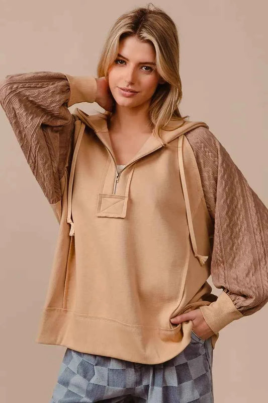 Half Zip French Terry Hoodie with Kint Sleeves 598a5873628b41d4885b1bdd0646c744-Max-Origin
