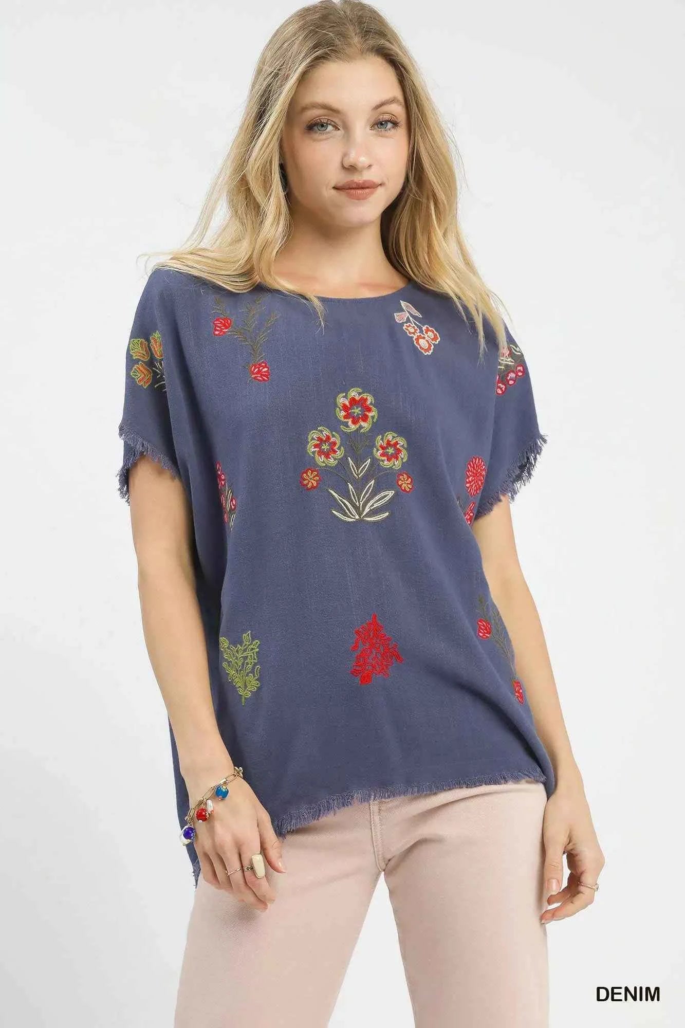 Linen Blend Embroidered Frayed Hem Top DENIM 598b0019-67c6-4001-bef0-beaa676453df-Max-Origin