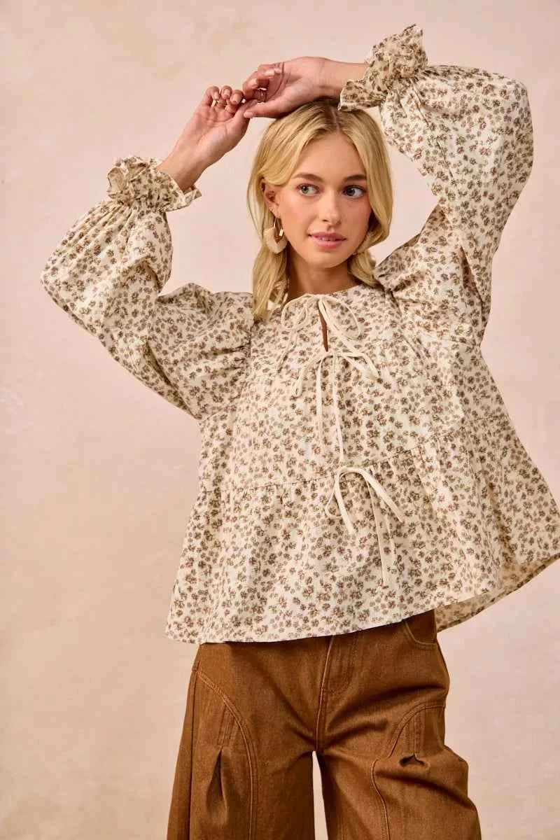 BiBi Floral Printed Peplum Blouse with Shirring and Tied 598b0926c9b94a8ab3c46678e96f2a0d-Max-Origin