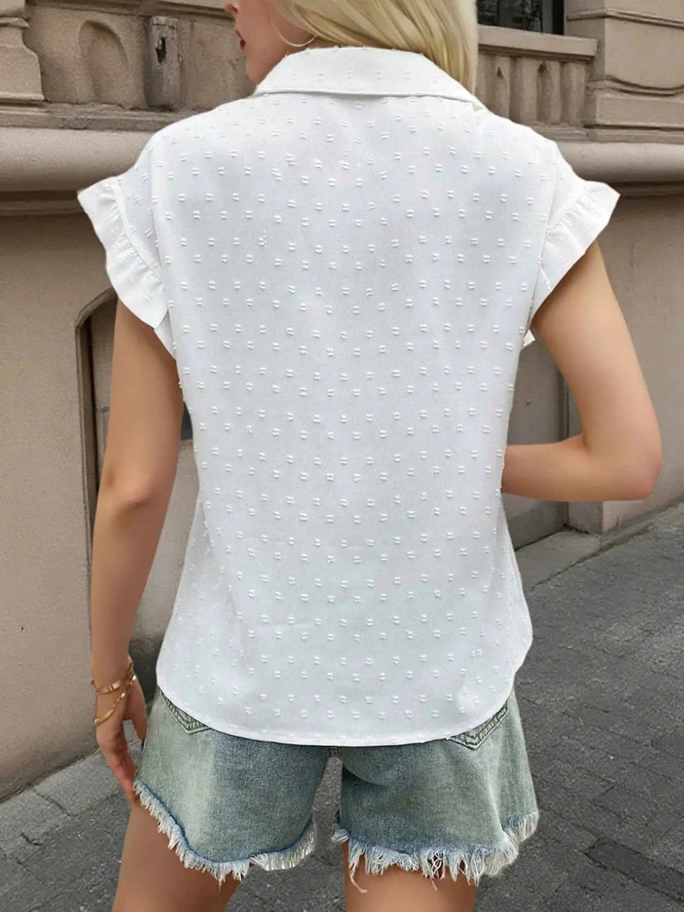 Swiss Dot Ruffled Cap Sleeve Shirt 598e5741f22c4162bce97b2ccb48fd8c-Max-Origin